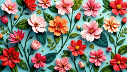 Intricate floral pattern, vibrant blooms & leaves , summer, design, botanical illustration