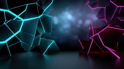 Abstract Futuristic Geometric Crystals with Neon Lights in Dark Background