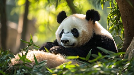 Obraz premium Panda resting bamboo forest sunlight wildlife conservation