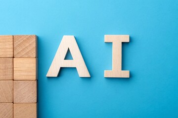 Wooden AI Letters on Blue Background with Blocks