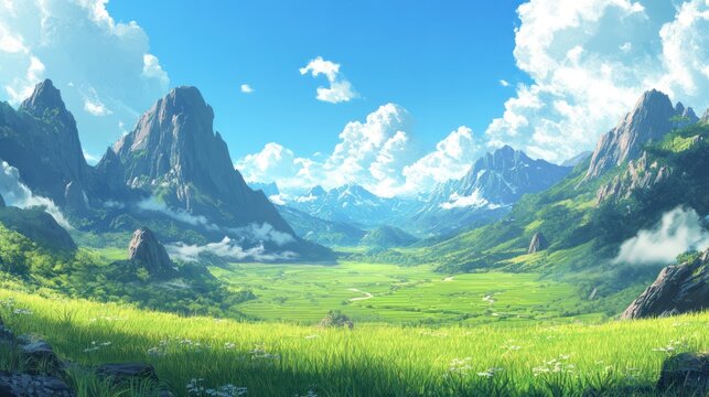 Serene mountain valley landscape, sunny day, green meadow, clouds; ideal for travel, fantasy game backgrounds