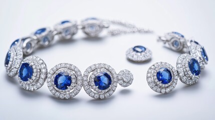 Glamorous platinum jewelry set with circular sapphires and diamonds on earrings, necklace, and ring, isolate on white background