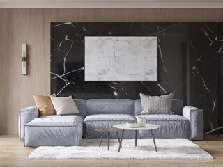 Mock up of an outrageous living room with a comfortable corner sofa and a fashionable decorative background, 3D rendering.