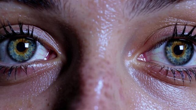 Closeup eye sequence: captivating gaze transition from focused stare to gentle blink