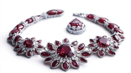 Timeless ruby jewelry set with red rubies and diamonds on earrings, necklace, and ring, isolate on white background