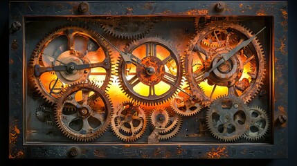 Obraz premium Steampunk-inspired rectangular metal frame with interconnected rusty gears and clock hands, backlit with warm orange light, showca