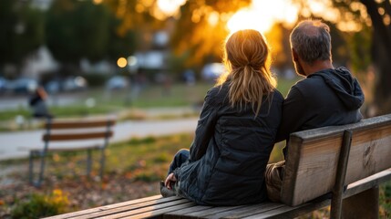 Obraz premium Elderly Couple Sitting on Park Bench During Sunset, Enjoying the Evening Together