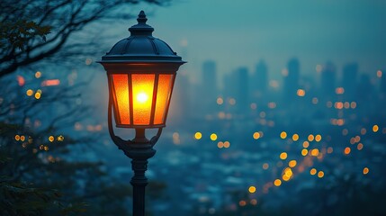 Warm light from a vintage street lamp softly illuminates a blurred cityscape at dusk, creating a mesmerizing urban nightscape.