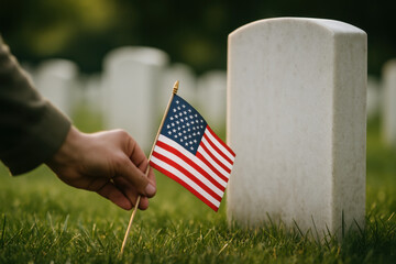 Main plantant un petit drapeau am&eacute;ricain au pied d&rsquo;une tombe militaire blanche, geste symbolique d&rsquo;hommage pour Memorial Day