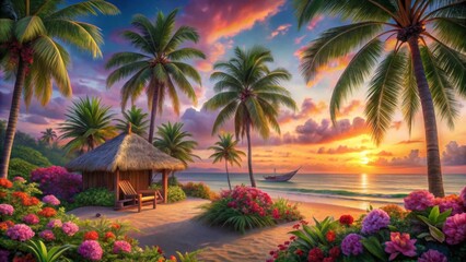 Fototapeta premium Serene Tropical Beach Sunset with Thatched Hut and Vibrant Flowers