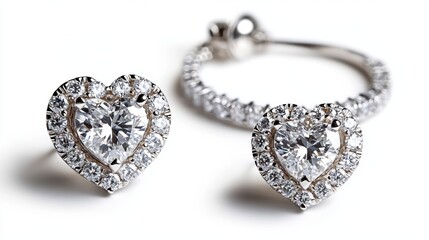 Elegant platinum jewelry set with heart-shaped diamonds on earrings, necklace, and ring, isolate on white background