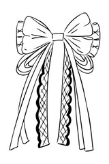 Large decorative bow with long trailing ribbons drawn in black and white outline style. This image represents festive ornament, celebration detail and girly fashion accessory