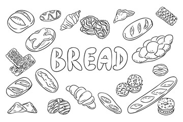 Various types of bread and pastry drawn in black and white around the word BREAD in a playful font. This image conveys baking, food diversity and a fun coloring activity for kids or adults