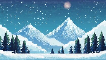 Naklejka premium Winter Mountain Landscape Pixel Art Illustration