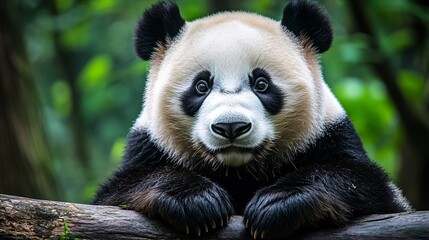 Obraz premium Panda resting on branch, lush forest background; wildlife conservation