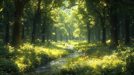 Obraz premium Sunlit forest scene with stream, green vegetation, and small animals in bright, serene atmosphere