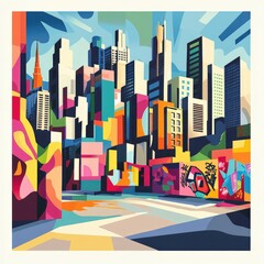 Stylized cityscape illustration with colorful geometric skyscrapers, street scene, graffiti walls, and vibrant bold graphics