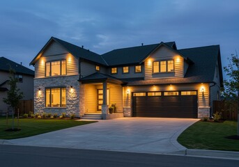 Contemporary suburban house with stone and shiplap exterior and warm dusk lighting in cozy setting