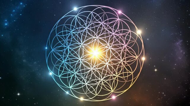 Flower Of Life Sacred Geometry Symbol Nebula Cosmos Space Background Motion Graphic