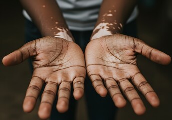 Fototapeta premium A close-up shot of a person's hands shows a skin condition characterized by patches of depigmentation, possibly vitiligo
