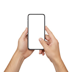 Two hands holding smartphone png, blank screen mobile phone isolated on transparent background