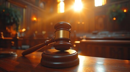 Warm sunlight bathes a wooden gavel on a desk in an empty courtroom, symbolizing impartial justice and the rule of law.