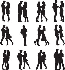 Romantic couple in various poses silhouettes collection set. Couple falling in love different poses isolated on white background silhouette set