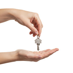 Hand offering house key png, property ownership isolated on transparent background