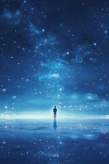 Astronaut standing alone on reflective ice surface under vast, star-filled night sky