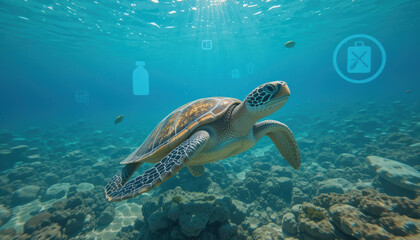 Obraz premium sea turtle gracefully swims through clear blue waters, showcasing beauty of marine life and importance of sustainability in ocean conservation