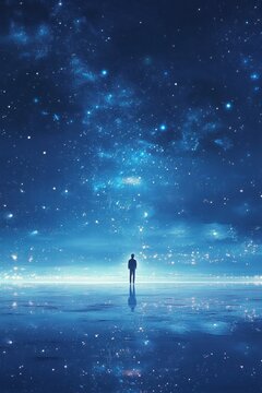 Fototapeta Astronaut standing alone on reflective ice surface under vast, star-filled night sky