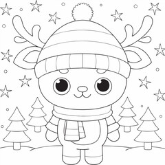 Cute Reindeer Winter Hat Coloring Page, drawing design