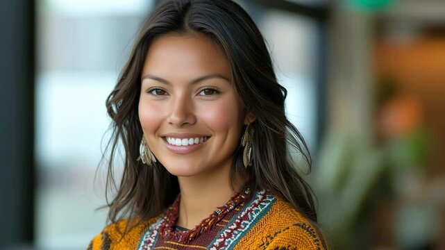 Celebrating Cultural Fashion and Beauty: Smiling Woman in Ethnic Attire with Jewelry and Vibrant Clothing Portrait