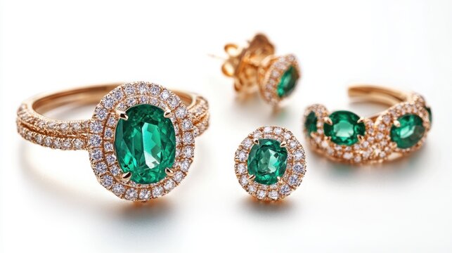 Timeless emerald jewelry set with matching deep green emeralds on earrings, necklace, and ring, isolate on white background