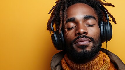 Wearing headphones and casual clothes, a young man with dreadlocks enjoys music with closed eyes on a yellow background in a studio shot with copy space.