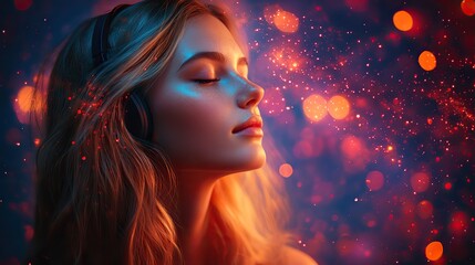 Fototapeta premium Wearing headphones, a young woman immerses herself in music, feeling vibrant sound waves course through her, creating a colorful display of energy and emotion.