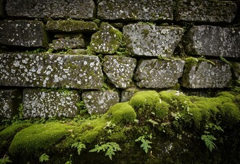 A stone wall covered in moss and lichen.