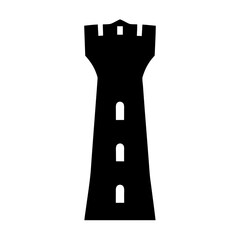 Simple black and white illustration of a castle tower with crenellations