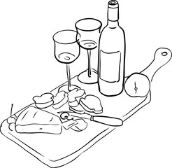 A board with cheese and wine. Vector illustration for invitations, postcards and posters