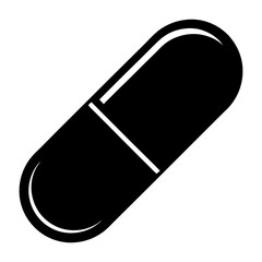 A minimalist black and white illustration of a medical capsule pill