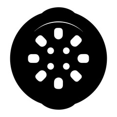 Stylized black and white illustration of a flowerlike design in a circle