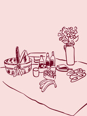 Picnic with a basket, wine, baguettes, fruits and flowers. Vector illustration for invitations, postcards and posters