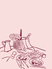 drink, snack, glass, design, bottle, bread, handle, vector, illustration, kitchen, skewers, variety, selective focus, vegetable, tomato, food, picnic.Illustration in the style of Dolce Vita