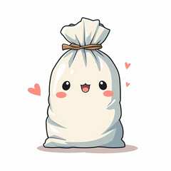 A delightful cartoon bag character with an endearing smile, secured with a tied top and surrounded by floating hearts on a white background.