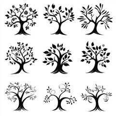silhouette tree set vector on white background