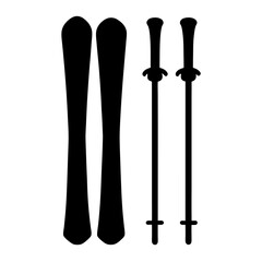 Simplified black and white silhouette of skis and poles on white backdrop