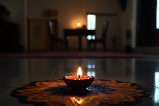Beautifully Lit Diwali Diya with Colorful Rangoli
