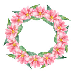 Floral round frame with pink watercolor flowers hand painted. Decorative wreath, for creating cards, invitations, etc.