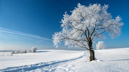 Obraz premium A cold winter scene unfolds with snow-covered trees dotting the white landscape under a blue sky