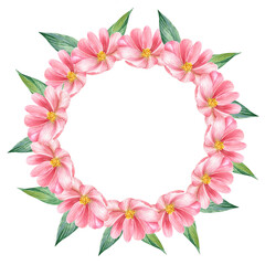 Floral round frame with pink watercolor flowers hand painted. Decorative wreath, for creating cards, invitations, etc.